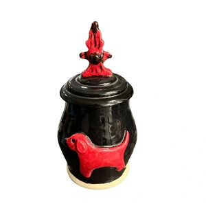 Handmade American Studio Pottery Dog Treat Jar Red Dog Fire Hydrant Marked
